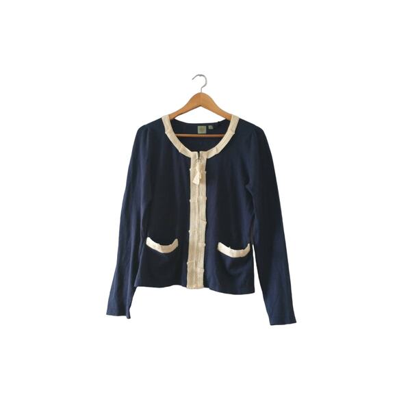 Anthropologie HWR Women's Navy Lace Cardigan Large Preppy Cottage Career - Picture 5 of 11